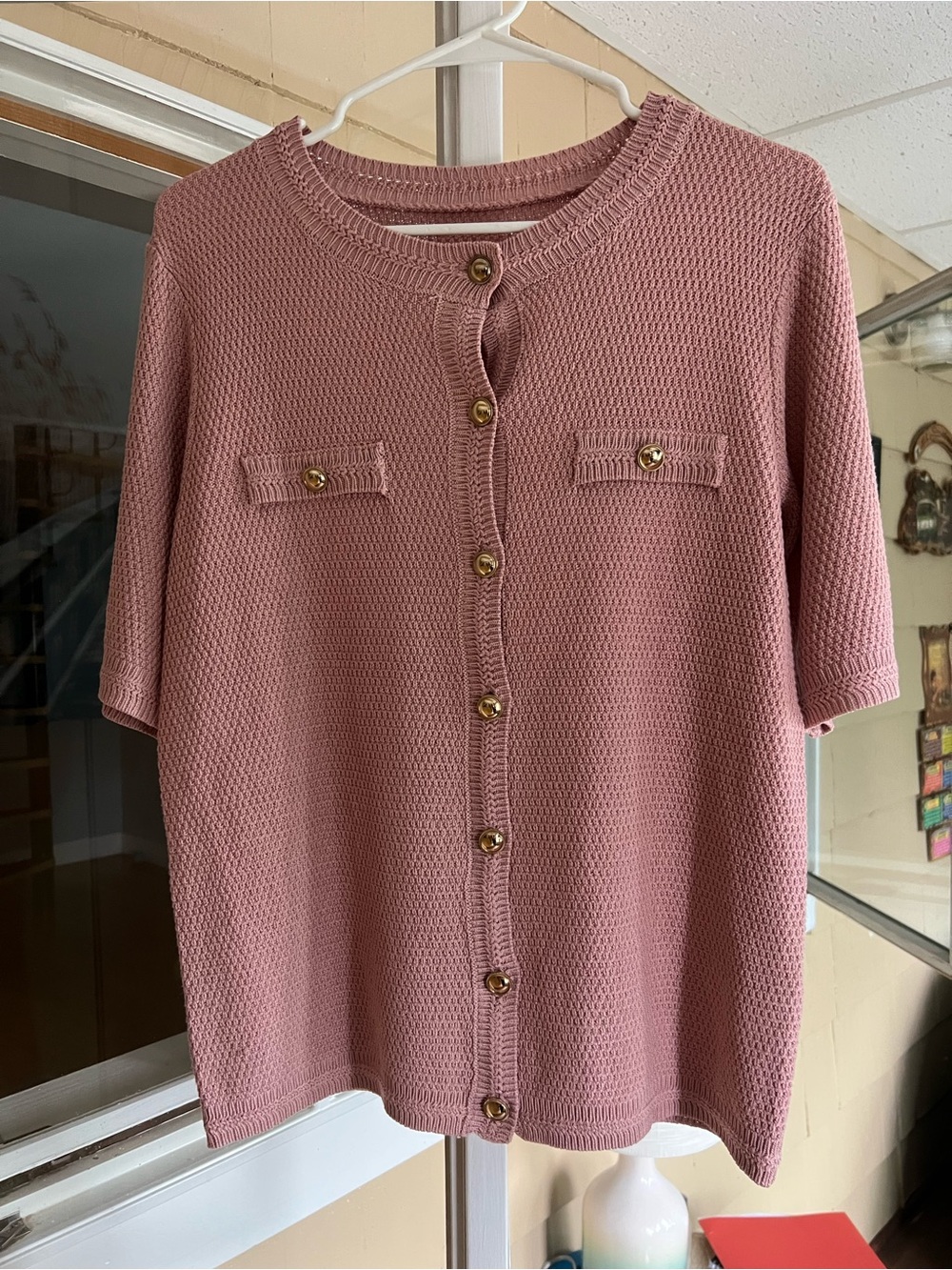 Classic Short-Sleeve Knit Cardigan - Dusty Rose